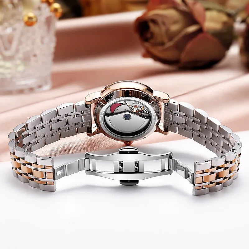 Enchanting Moon Phase Automatic Watch — Open Case Back, Stainless Steel, Ladies Mechanical Watch [Metal & Leather Strap Options]