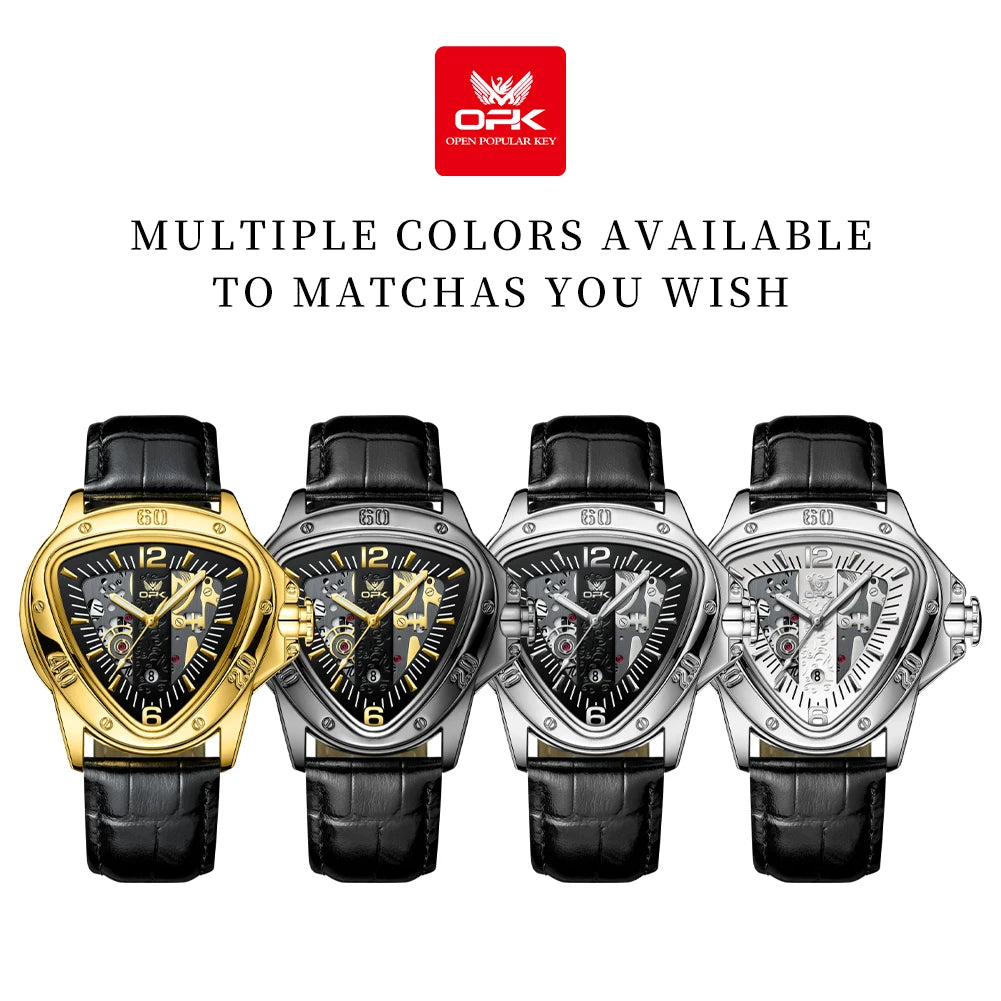 OPK Mens — Alien Style Triangle Case Watch, Bold Large Dial, Complete Calendar [Colour Options]