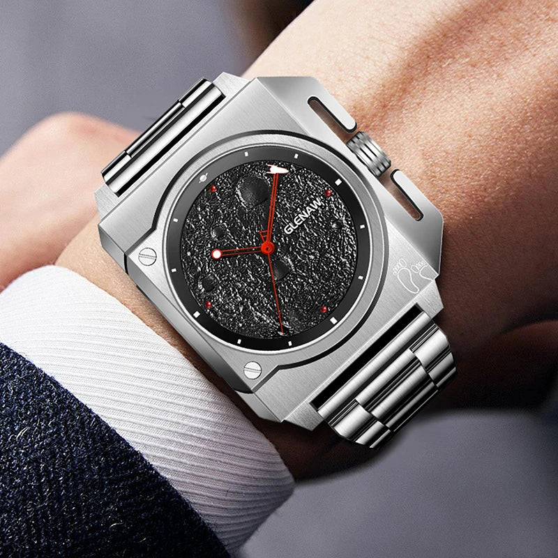GLENAW GL8655 square watch worn on the wrist under a shirt cuff