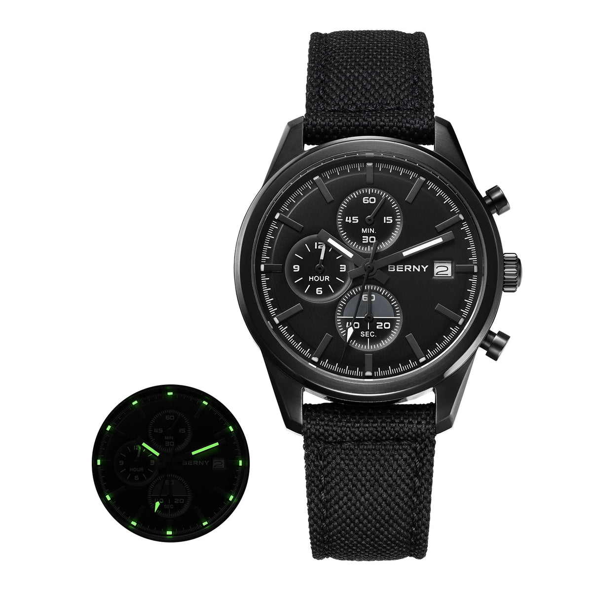 BERNY 2826M Chronograph — Miyota OS10 Quartz, AR-Coated Sapphire, 37mm, 50m, Luminous, Canvas Strap [Dial & Strap Options]