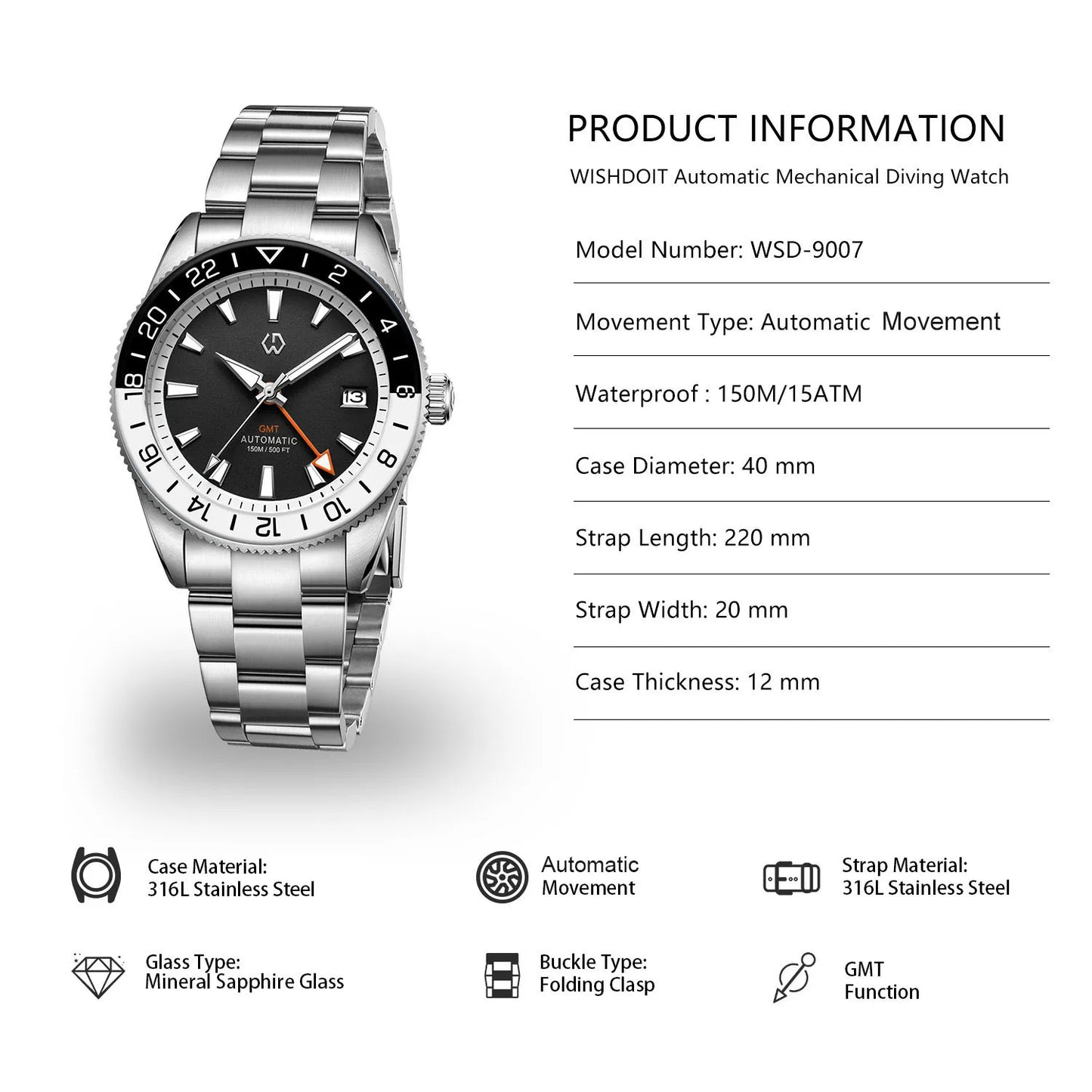 One Real GMT Watch — WISHDOIT 9007 Automatic, Sapphire Crystal Two Straps Included