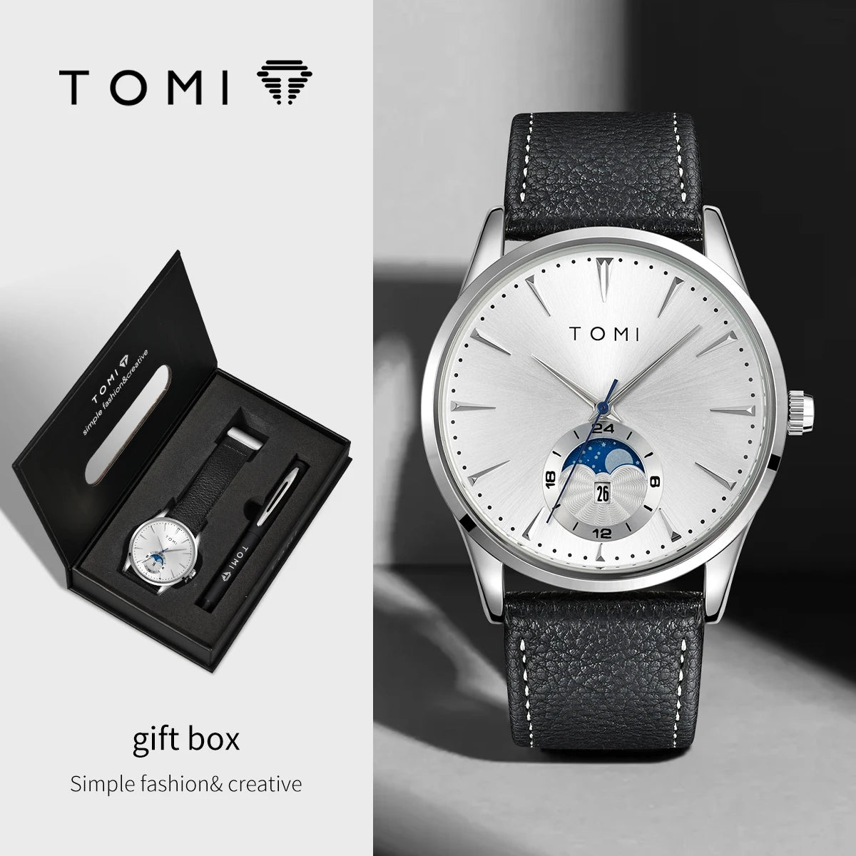 TOMI Men's Watch & Pen Gift Set — Sun & Moon Dial, Business Style, Boxed for Gifting [Colour Options]