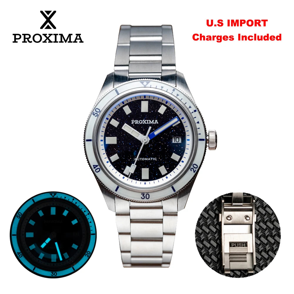 Proxima Mens Automatic Watch — Aventurine Dial, Full-Lume Sapphire Bezel — Quiet Luxury