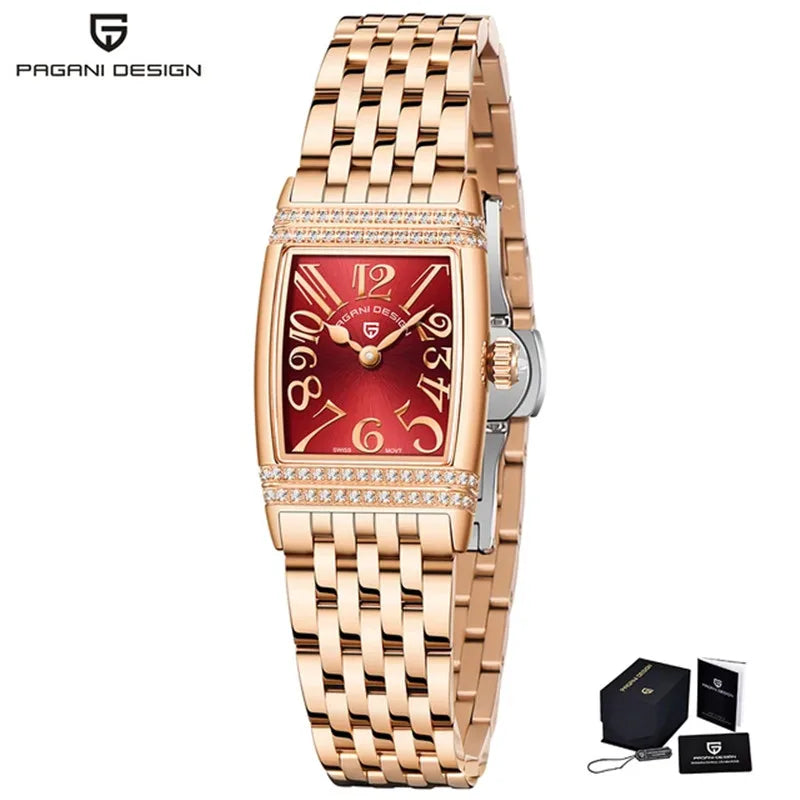 Stunning Pagani Design PD-1737L — Women's Rectangle Watch, Stone-Set Case, Swiss Ronda Movement [Rose Gold / Silver Colour Options]