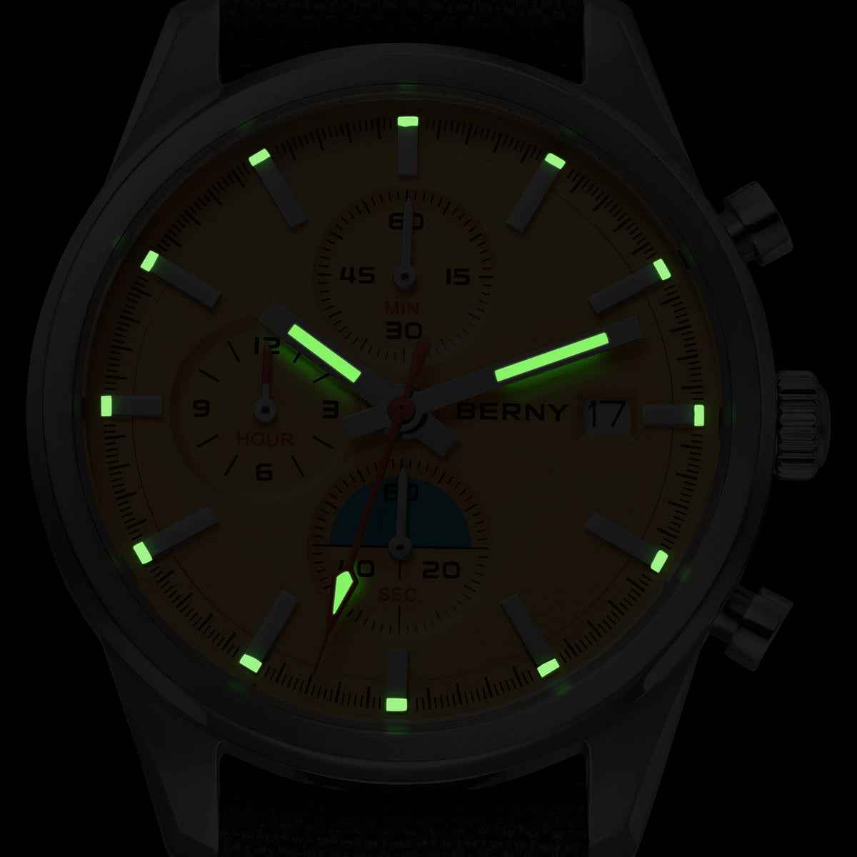 BERNY 2826M Chronograph — Miyota OS10 Quartz, AR-Coated Sapphire, 37mm, 50m, Luminous, Canvas Strap [Dial & Strap Options]