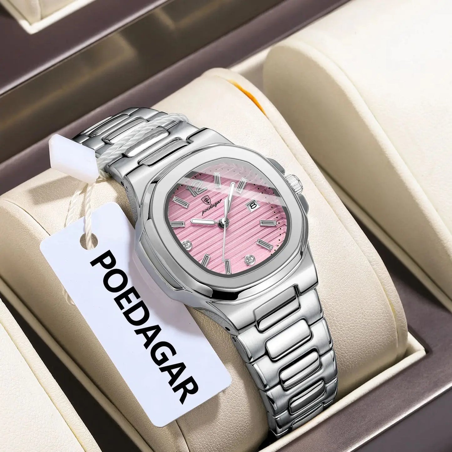 Eye Catching POEDAGAR 789S-WH — Women's Square Watch, Looks Far More Expensive Than Its Price, Luminous & Date [Silver & Rose Gold Options]