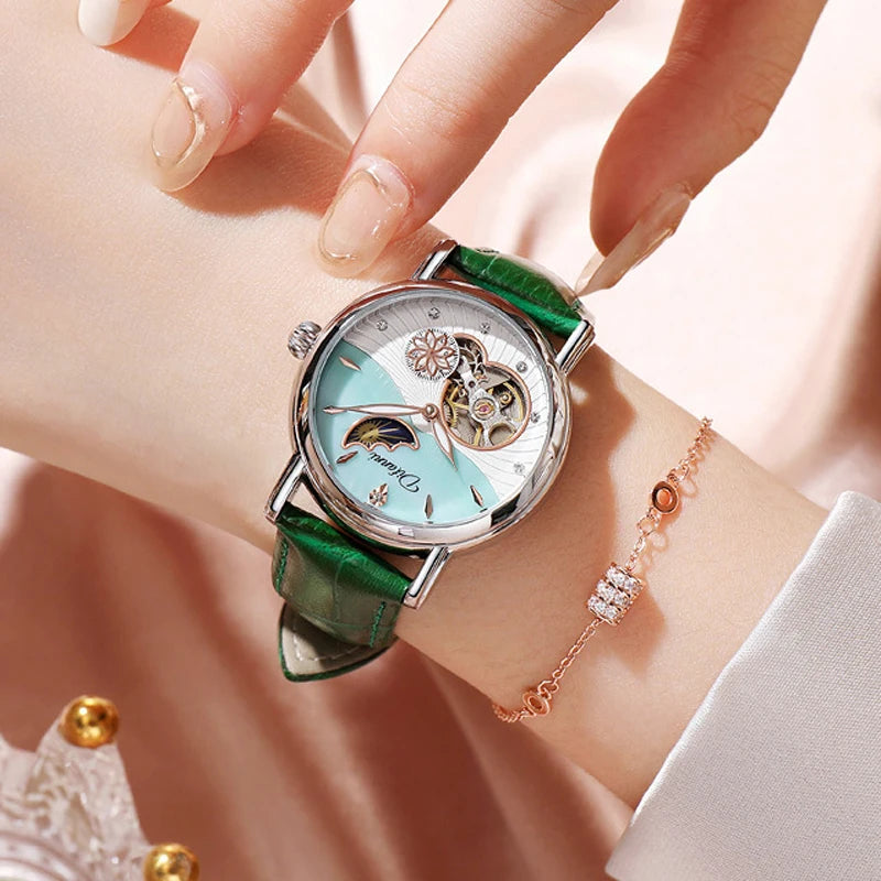 Enchanting Moon Phase Automatic Watch — Open Case Back, Stainless Steel, Ladies Mechanical Watch [Metal & Leather Strap Options]