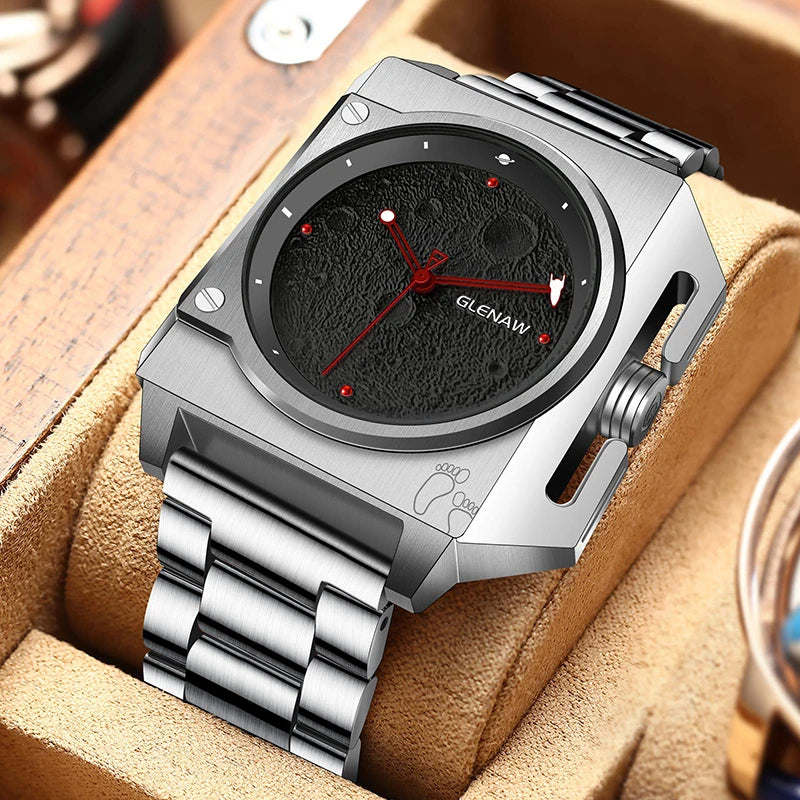 GLENAW GL8655 square moon dial automatic watch resting on a display cushion