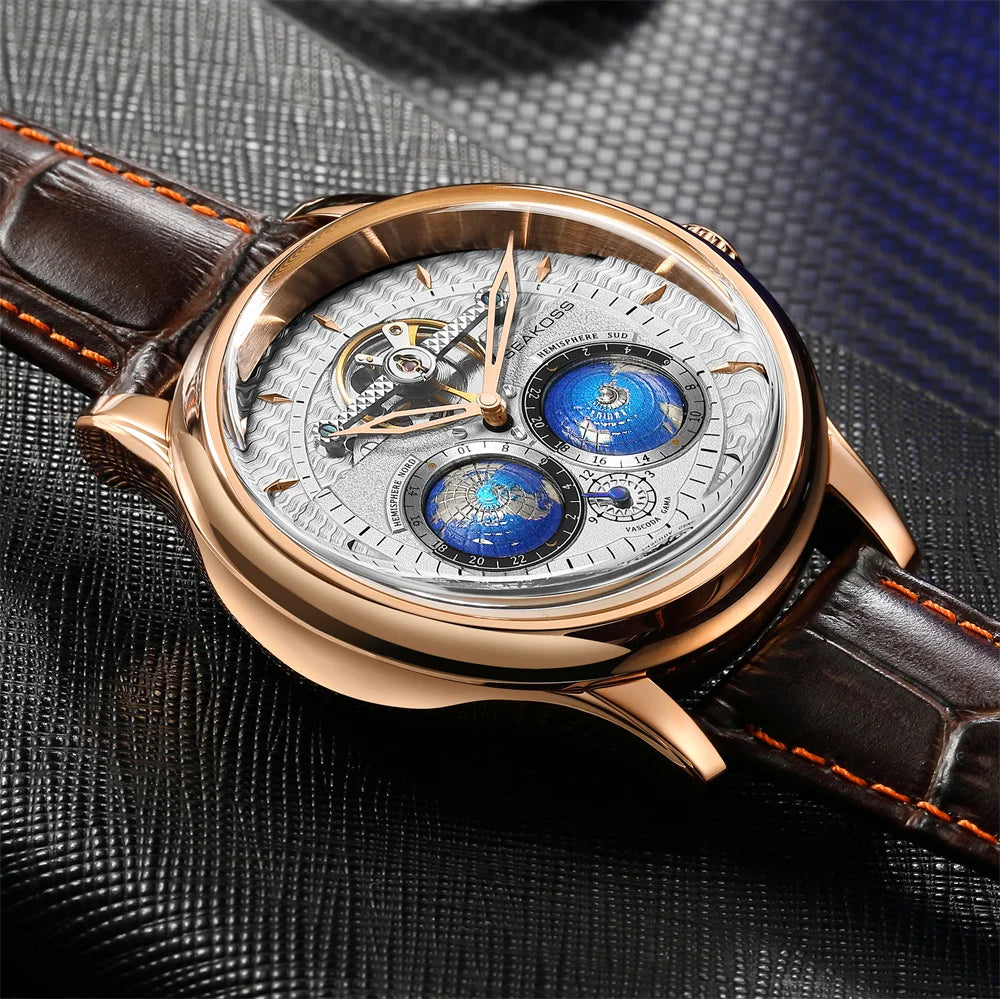 SEAKOSS Pilot Watch — Double Earth Rotating Automatic, Effortlessly Eye-Catching with Leather Strap [Colour Options]