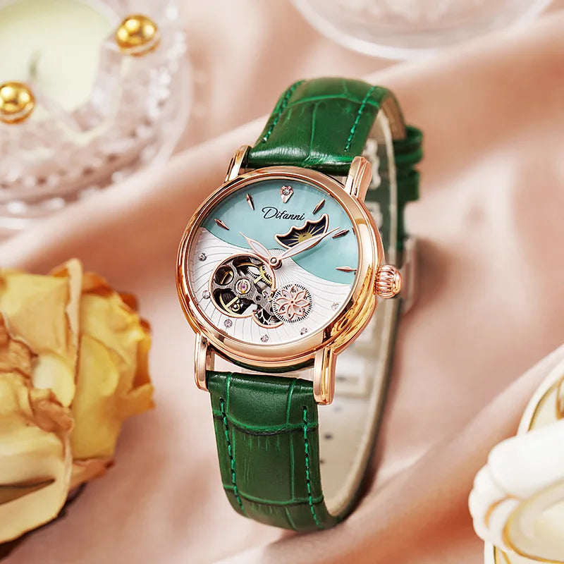 Enchanting Moon Phase Automatic Watch — Open Case Back, Stainless Steel, Ladies Mechanical Watch [Metal & Leather Strap Options]