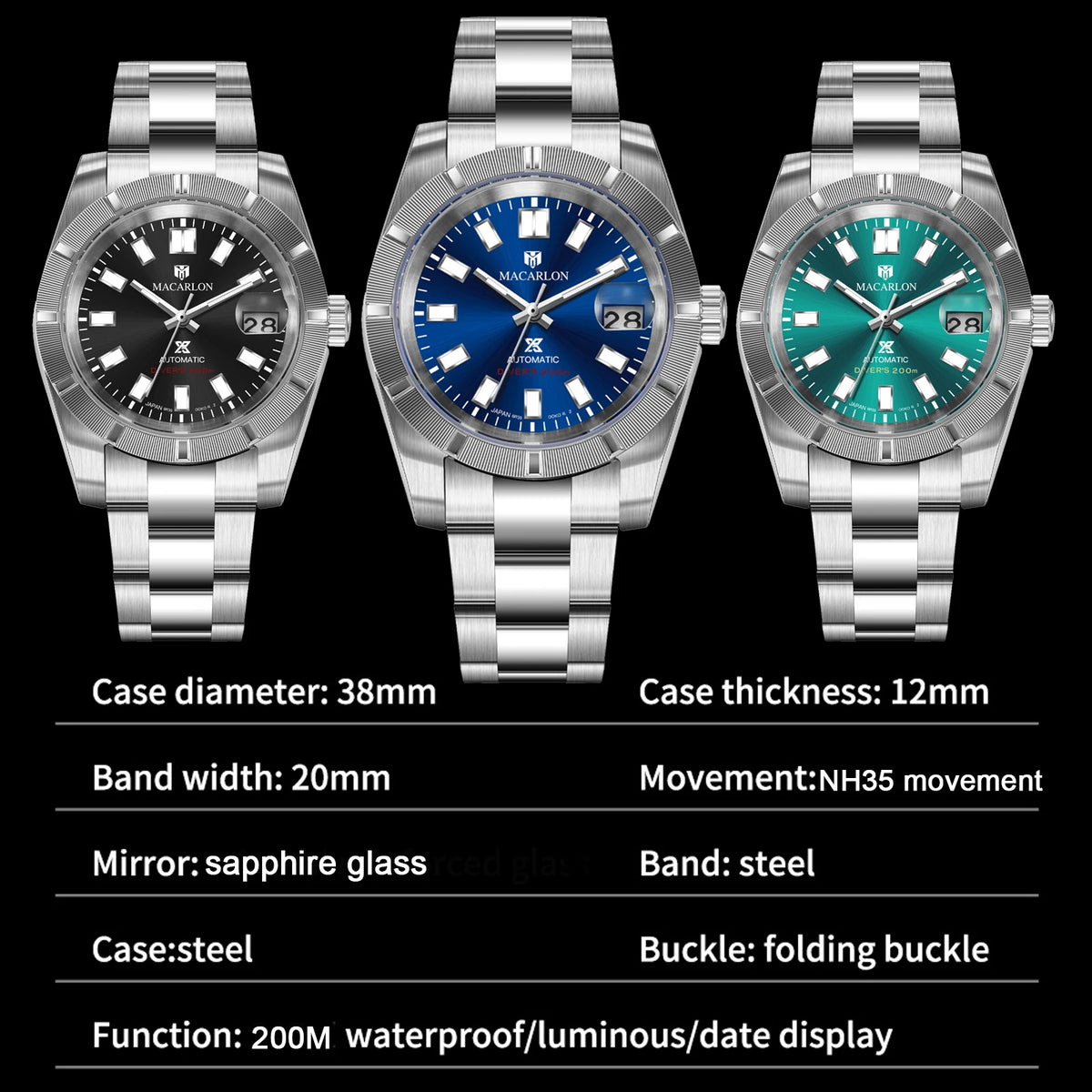 MACARLON 38mm Automatic Watch, Sapphire Crystal, Steel Bracelet, 200m Water Resistant