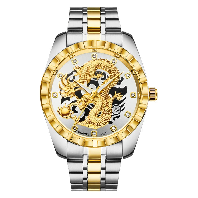 WLISTH 3D Golden Dragon Quartz Watch – Bold Dragon Dial, Stainless Steel Case, Water-Resistant & Luminous – Impossible to Miss