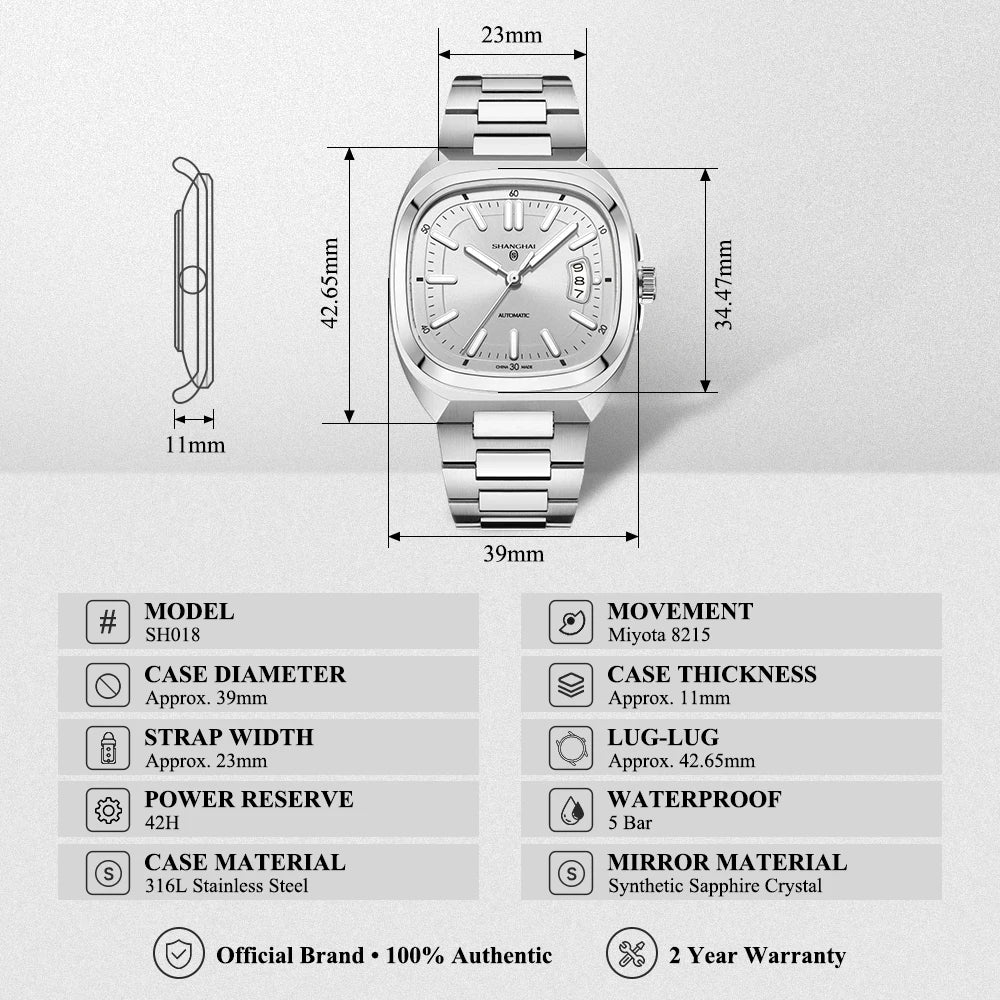 Shanghai SH018 — Vintage Square Case, One of the Best-Looking Automatics on the Market, Sapphire Crystal [Multiple Colour Options]