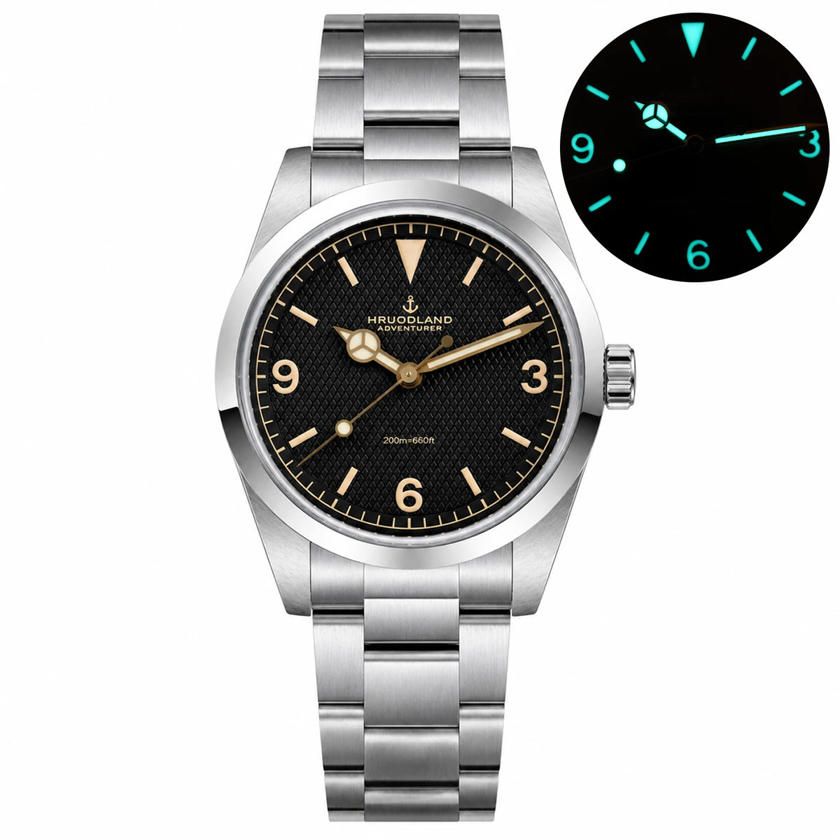 HRUODLAND HG029 36mm automatic field watch, black dial, 3-6-9 layout, steel bracelet