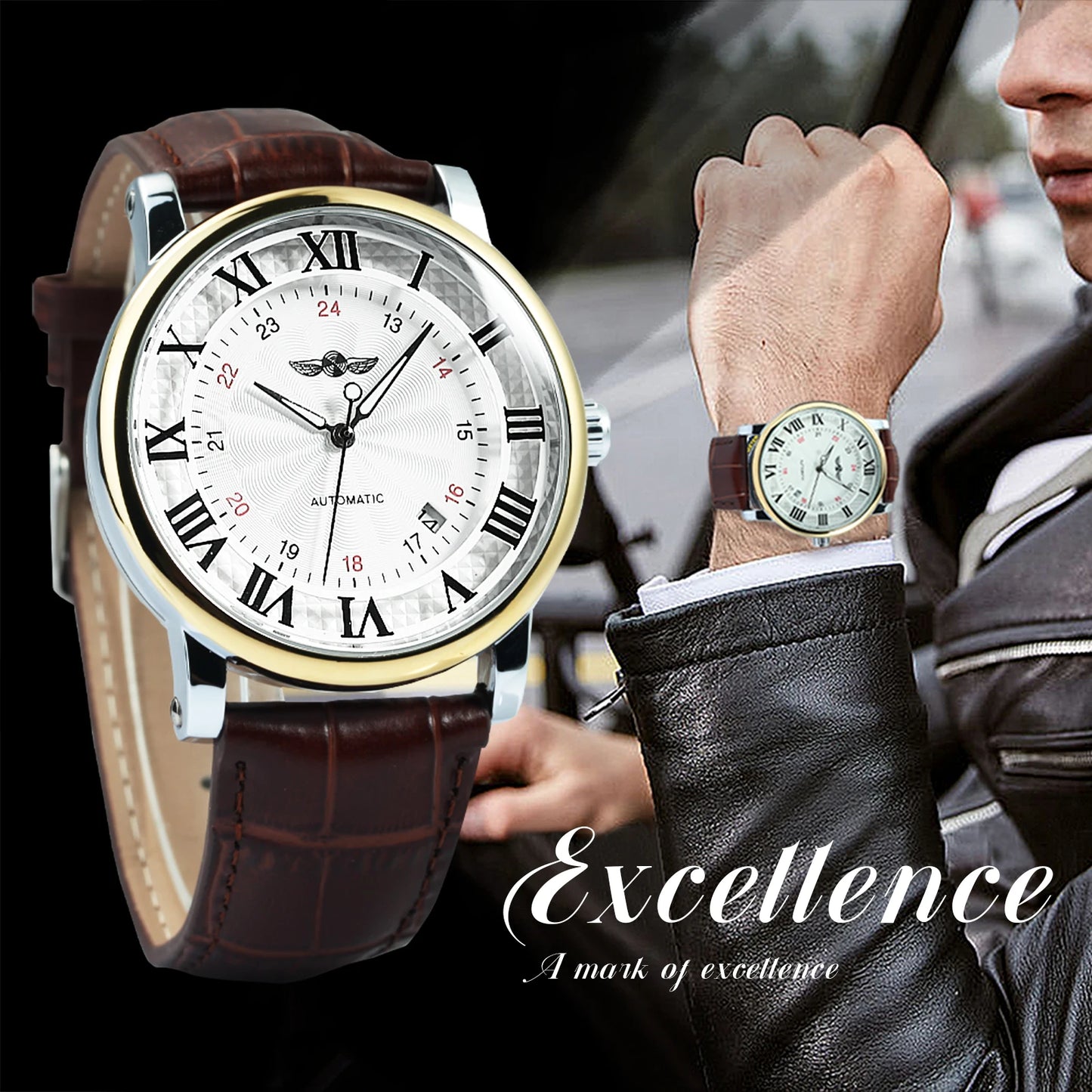 Classic Airship Style Automatic Fashion Watch — Brown Leather Strap, Minimalist Dial