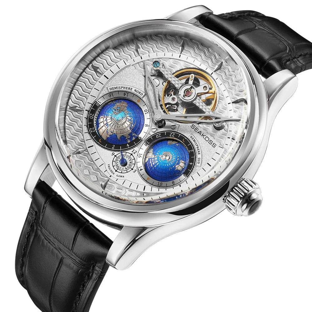 SEAKOSS Pilot Watch — Double Earth Rotating Automatic, Effortlessly Eye-Catching with Leather Strap [Colour Options]