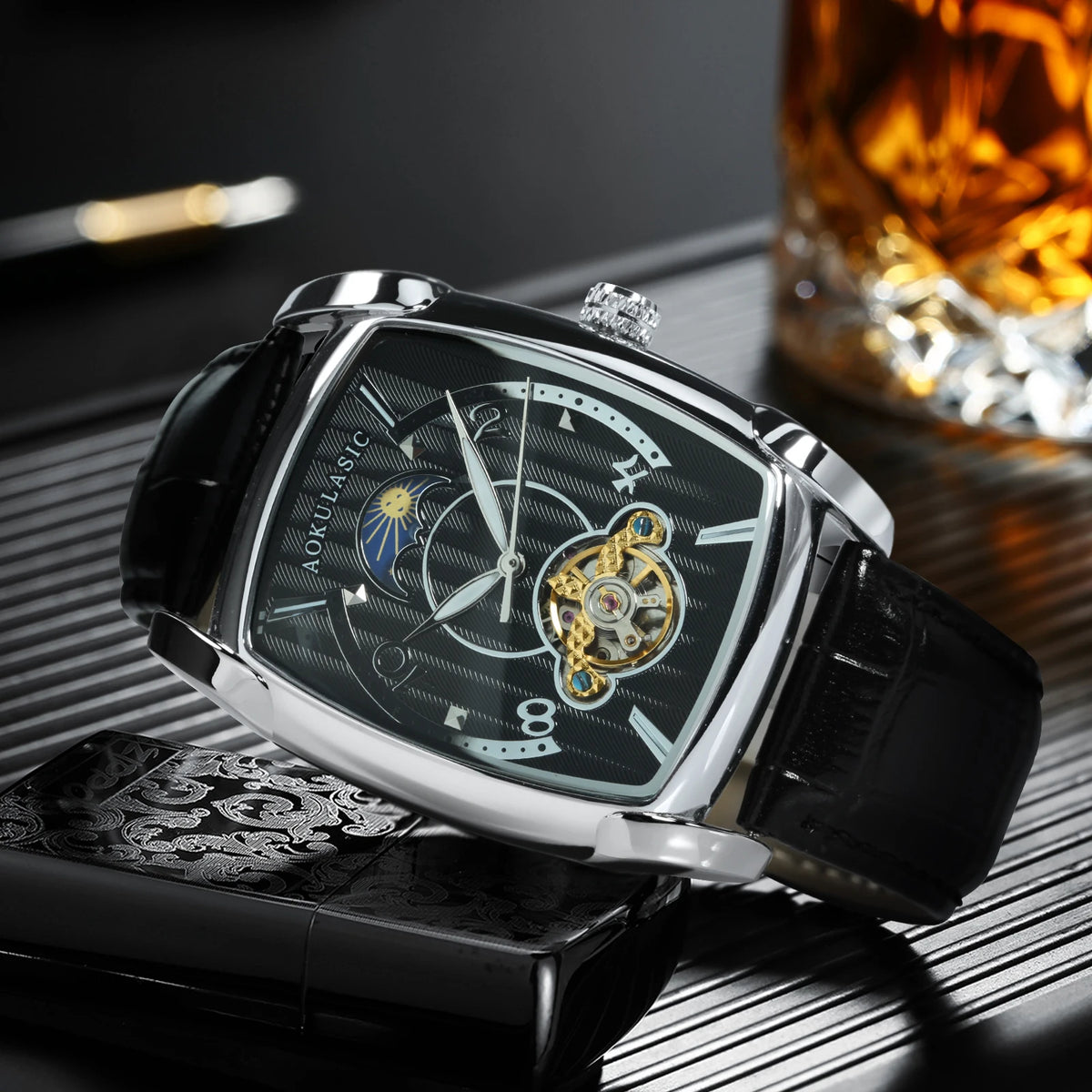 Mens Tonneau Automatic Fashion Watch – Rectangular Case, Open Heart Moonphase-Style Dial, Leather Strap – Break the Mould