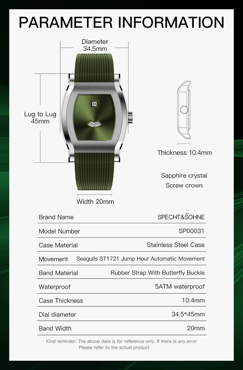 Specht & Söhne SP00031 — Genuine Jump Hour Automatic, Sapphire Crystal, Oval Case [Colour Options]
