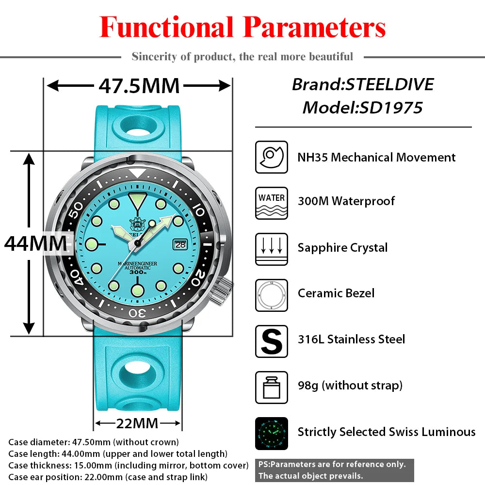 Steeldive SD1975 — Automatic "Tuna" Homage Diver, Genuine 300M Water Resistance, Ceramic Bezel [Multiple Colour & Strap Choices]