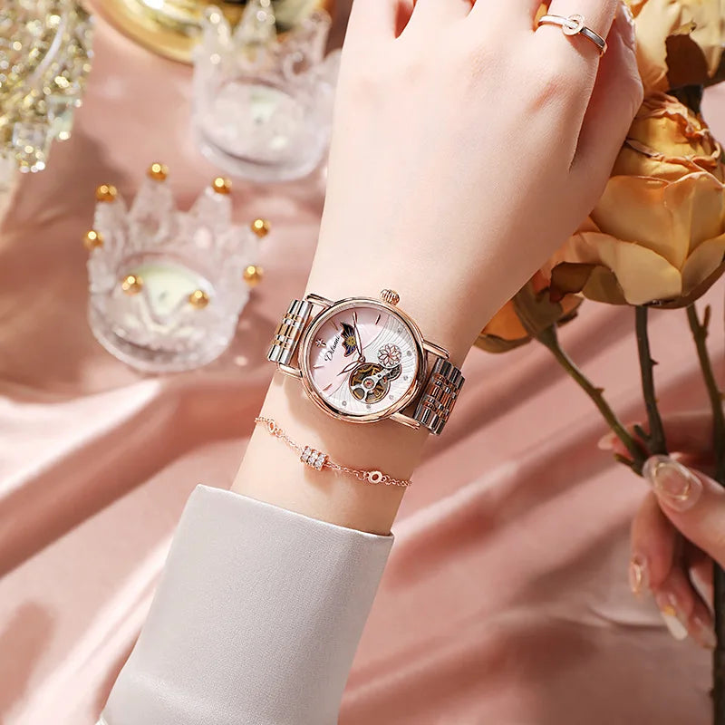 Enchanting Moon Phase Automatic Watch — Open Case Back, Stainless Steel, Ladies Mechanical Watch [Metal & Leather Strap Options]