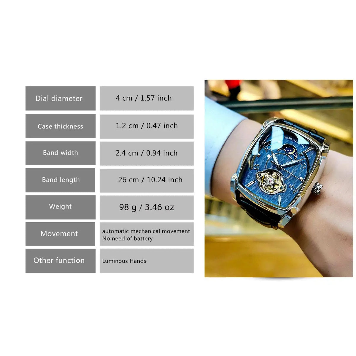 Mens Tonneau Automatic Fashion Watch – Rectangular Case, Open Heart Moonphase-Style Dial, Leather Strap – Break the Mould