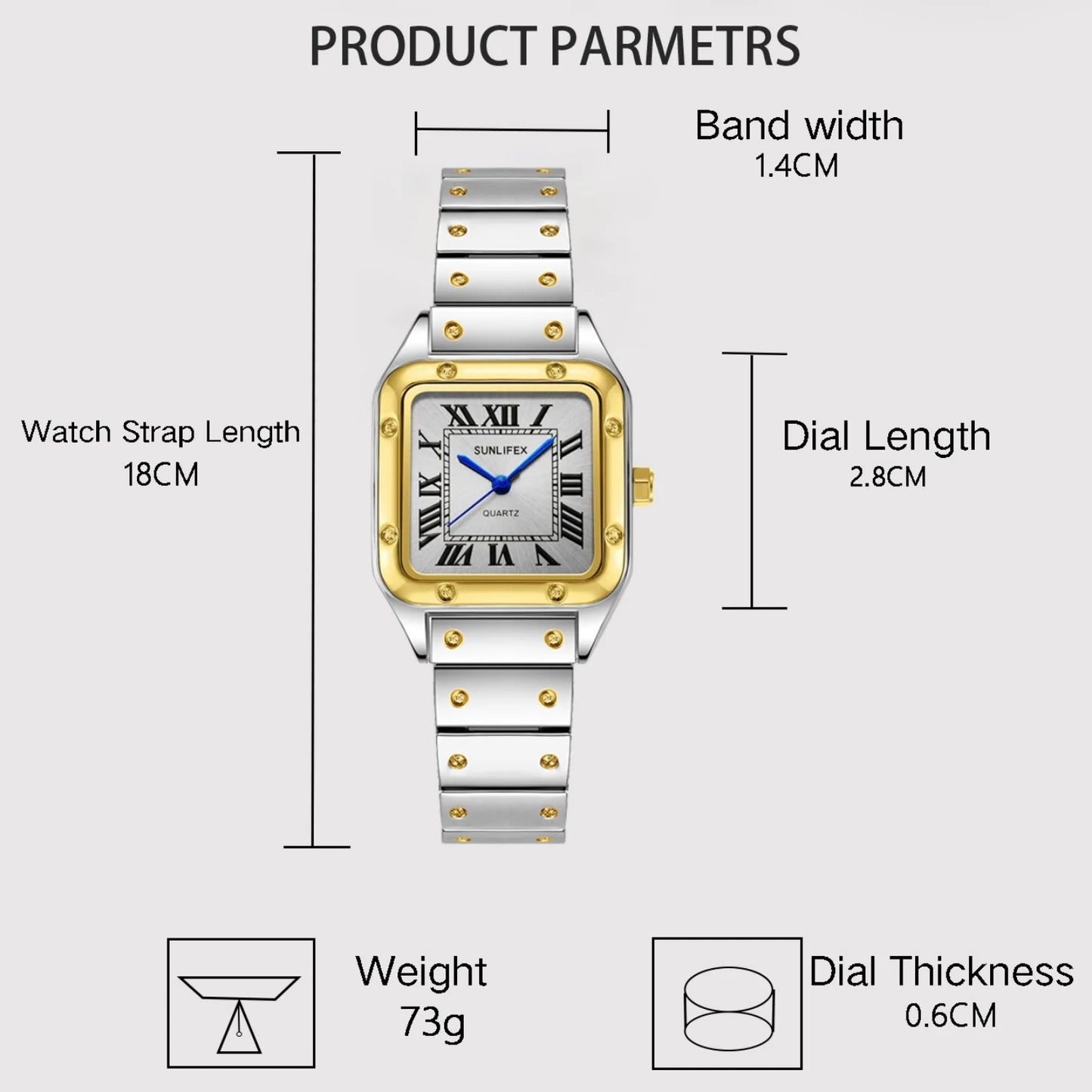 Chic Square Watch — Numberless Dial, Minimalist Ladies Quartz Watch, Metal Strap [Colour & Dial Options]