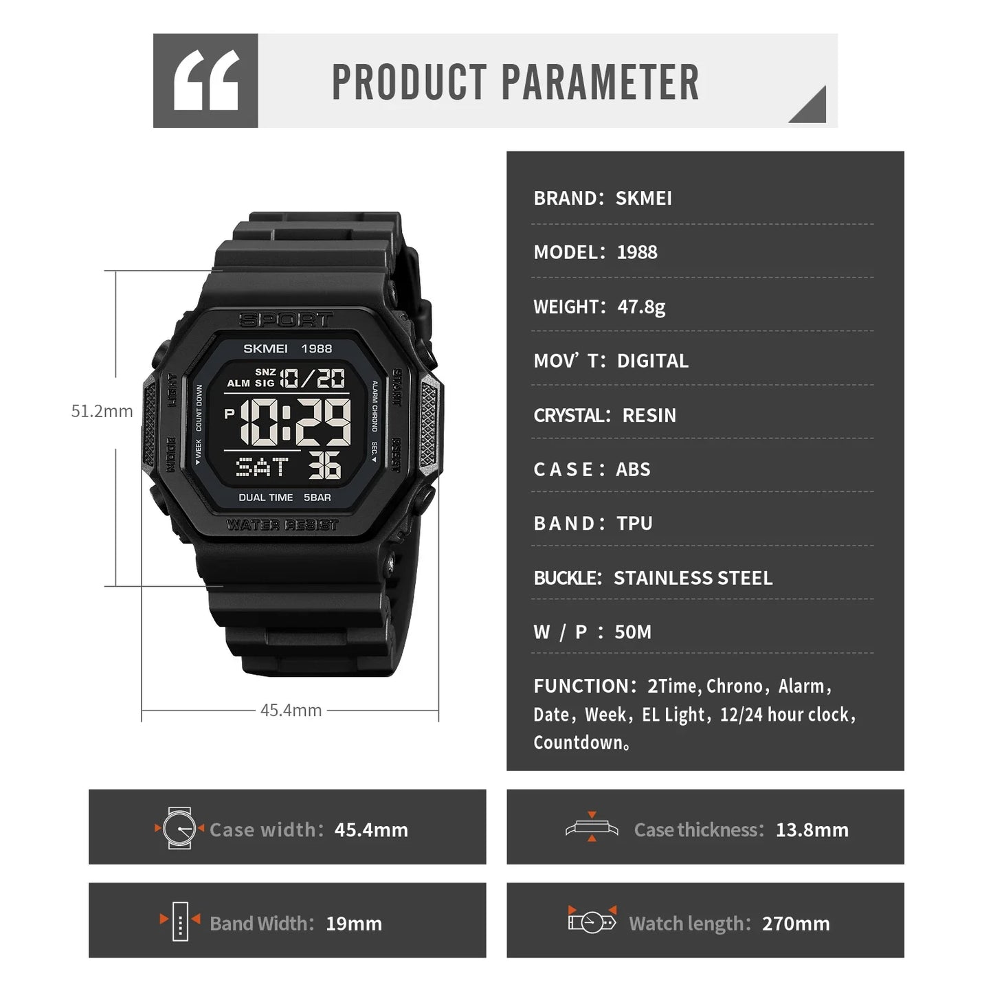Built for the Grind — SKMEI 1988 Inverse Digital Display  Sports Watch, Multi Time Zone, LED Backlight