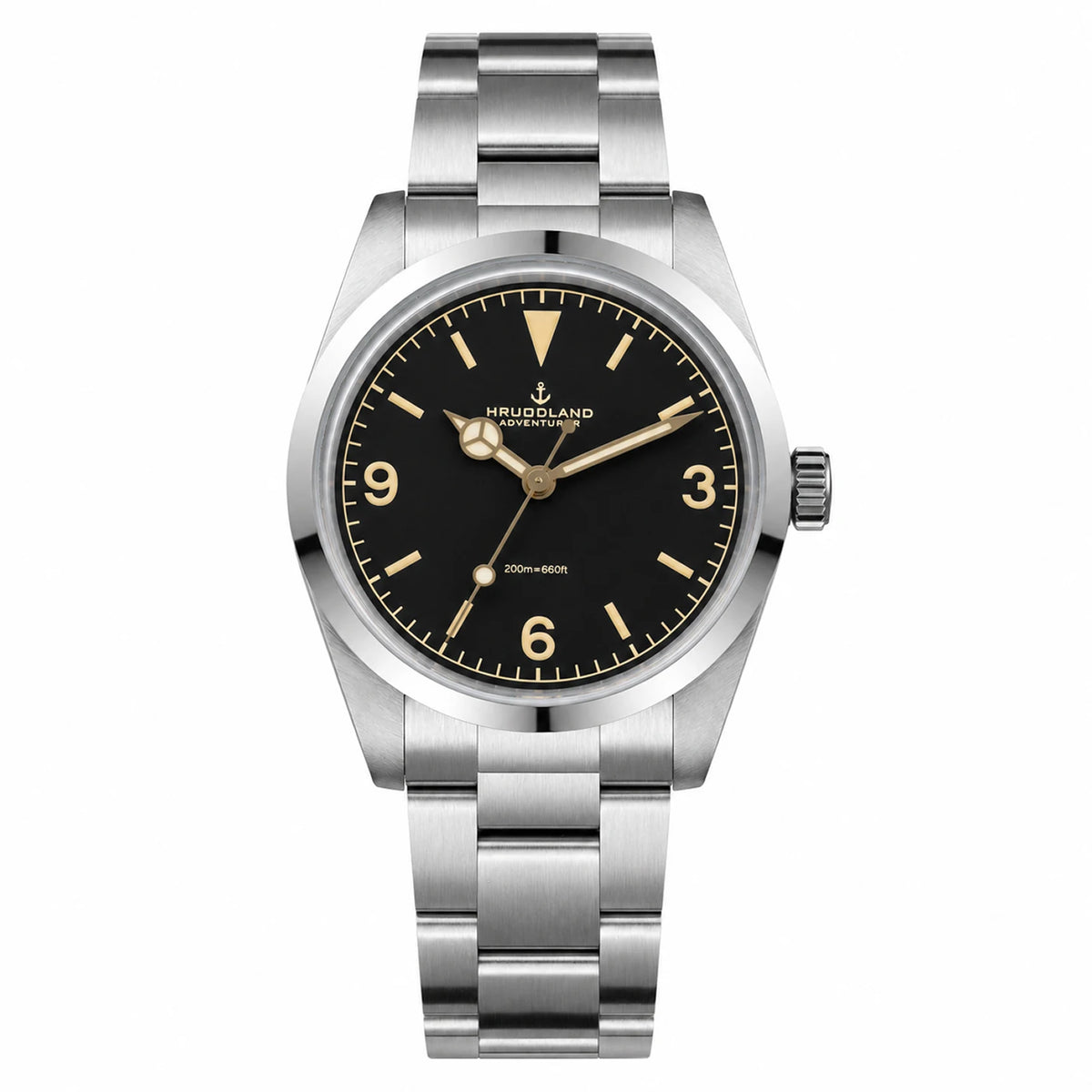 HRUODLAND HG029 36mm automatic field watch, Matte Black dial, steel bracelet