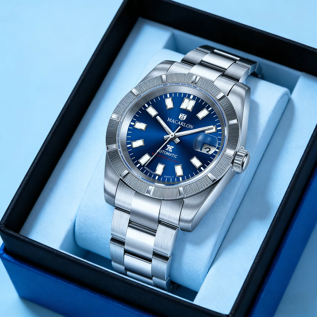 MACARLON 38mm Automatic Watch, Sapphire Crystal, Steel Bracelet, 200m Water Resistant