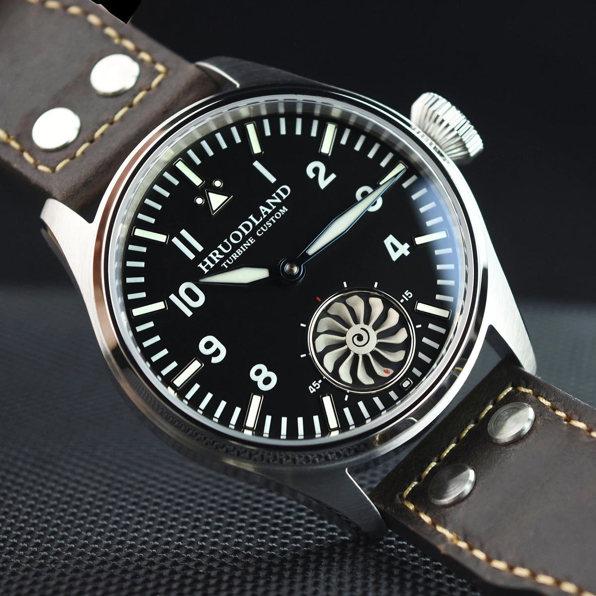 HRUODLAND HG016 Big Pilot watch, black dial with turbine, brown leather strap