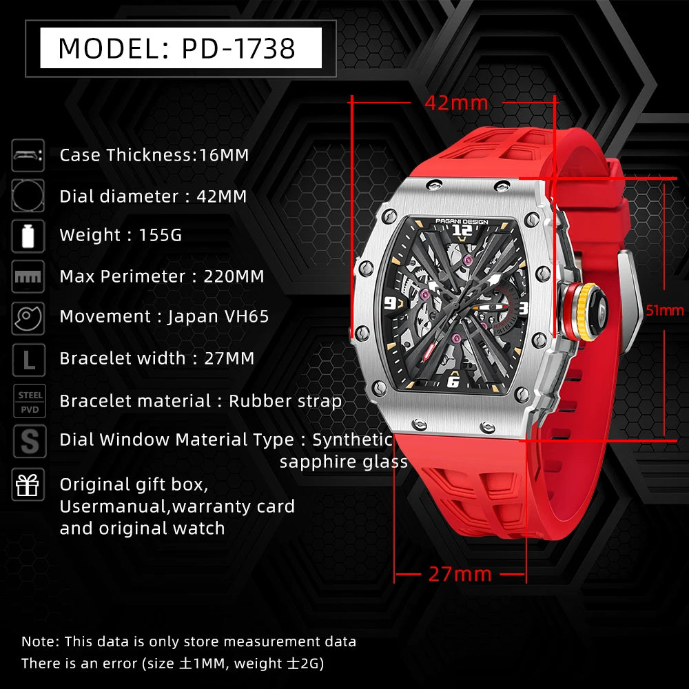 Not Your Average Dress Watch — PAGANI DESIGN PD-1738 Tonneau Skeleton Motorsport Watch, Sapphire Crystal, Stainless Steel