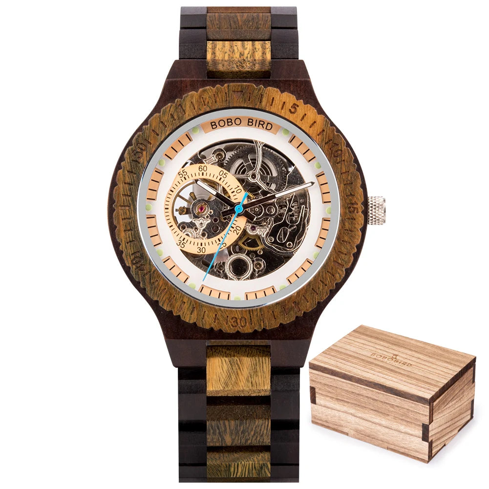 BOBO BIRD Wooden Skeleton Watch – Automatic Mechanical Men's Watch, Genuine Wood Case & Strap, Gift Box Included – The Natural Choice