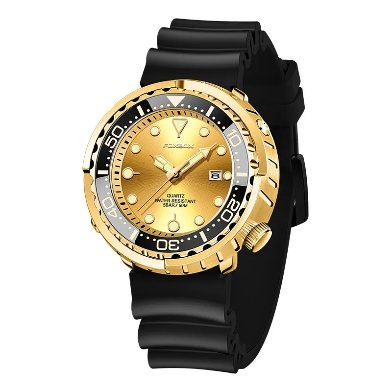 FOXBOX Shrouded Dive Watch — 50m Water Resistant, Auto Date, Luminous [Silicone & Metal Strap / Colour Options]