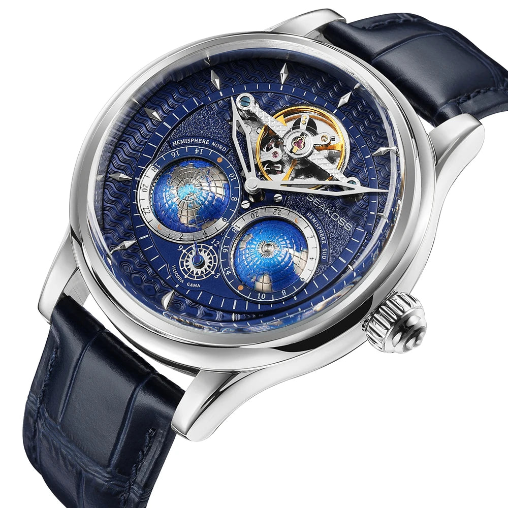 SEAKOSS Pilot Watch — Double Earth Rotating Automatic, Effortlessly Eye-Catching with Leather Strap [Colour Options]