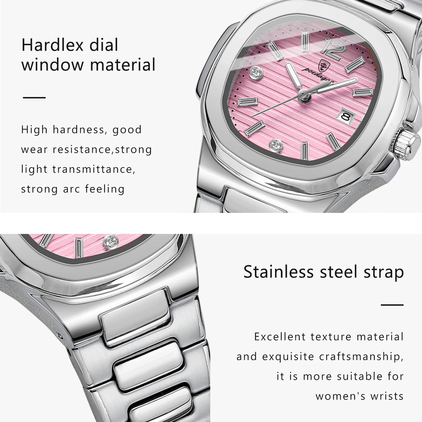 Eye Catching POEDAGAR 789S-WH — Women's Square Watch, Looks Far More Expensive Than Its Price, Luminous & Date [Silver & Rose Gold Options]