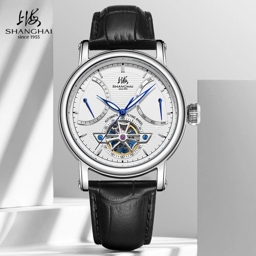 Shanghai S8924 — Guilloché Open-Heart Automatic Watch, Date & Week Display, Seagull ST2504 Movement, Sapphire Crystal, 50M Water Resistant
