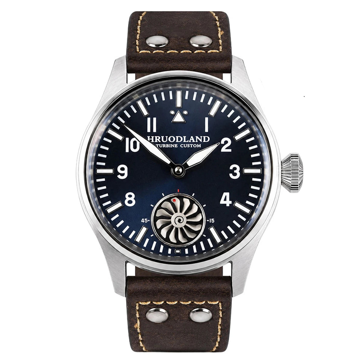HRUODLAND HG016 Turbine Big Pilot watch, Skyline Blue dial, brown leather strap