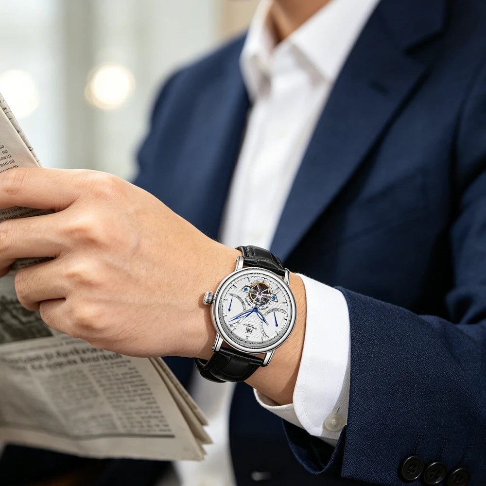 Shanghai S8924 — Guilloché Open-Heart Automatic Watch, Date & Week Display, Seagull ST2504 Movement, Sapphire Crystal, 50M Water Resistant