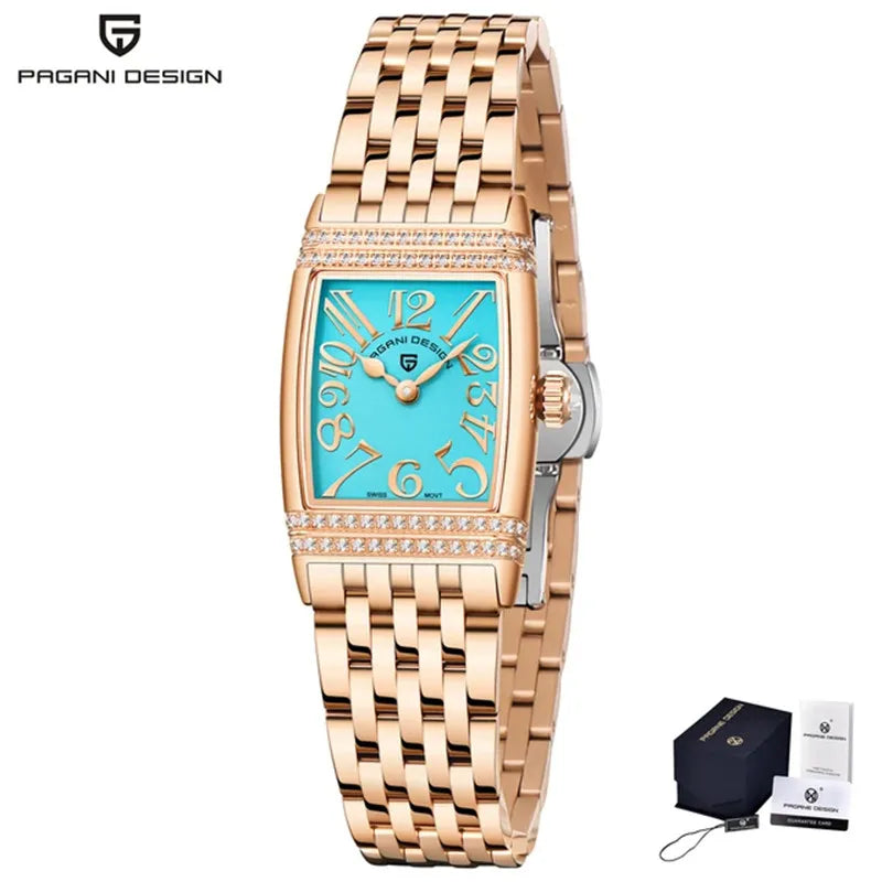 Stunning Pagani Design PD-1737L — Women's Rectangle Watch, Stone-Set Case, Swiss Ronda Movement [Rose Gold / Silver Colour Options]