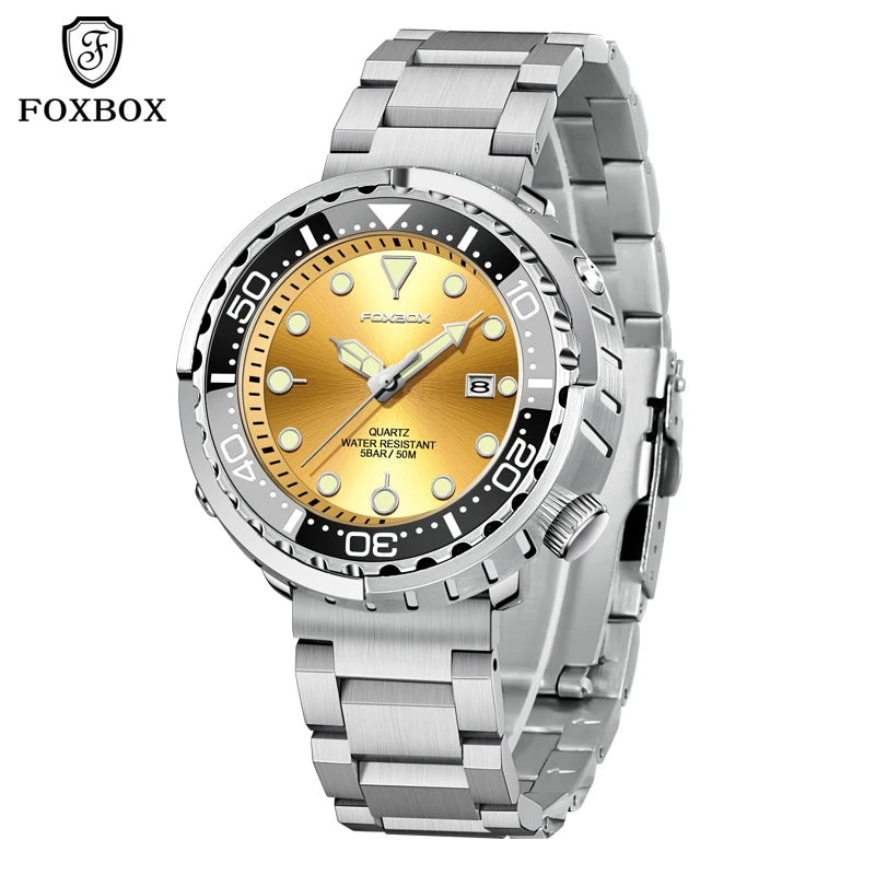 FOXBOX Shrouded Dive Watch — 50m Water Resistant, Auto Date, Luminous [Silicone & Metal Strap / Colour Options]