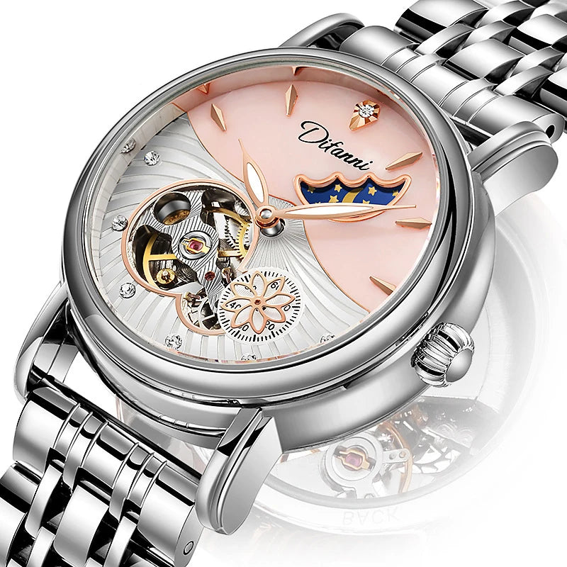 Enchanting Moon Phase Automatic Watch — Open Case Back, Stainless Steel, Ladies Mechanical Watch [Metal & Leather Strap Options]