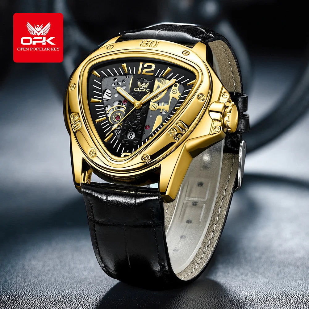 OPK Mens — Alien Style Triangle Case Watch, Bold Large Dial, Complete Calendar [Colour Options]
