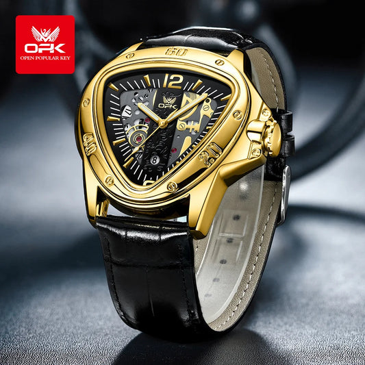 OPK Mens — Alien Style Triangle Case Watch, Bold Large Dial, Complete Calendar [Colour Options]