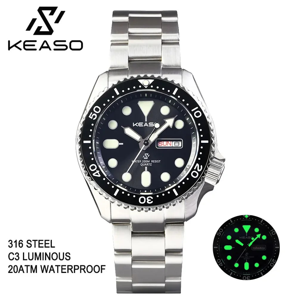 Beautiful KEASO Tribute Dive Watch with high specs — 200M, Sapphire, MIYOTA 2035 Quartz, Bright Bold Dial Options