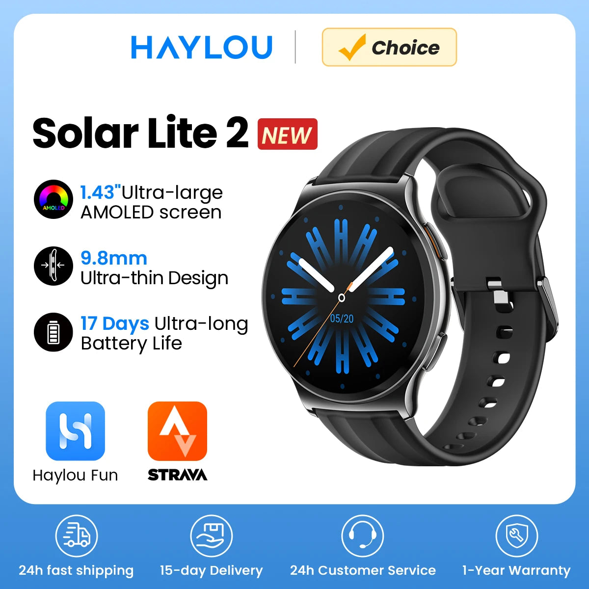 Solar Lite 2 Smartwatch — AMOLED Display, Bluetooth Calling, 17-Day Battery [Colour Options]