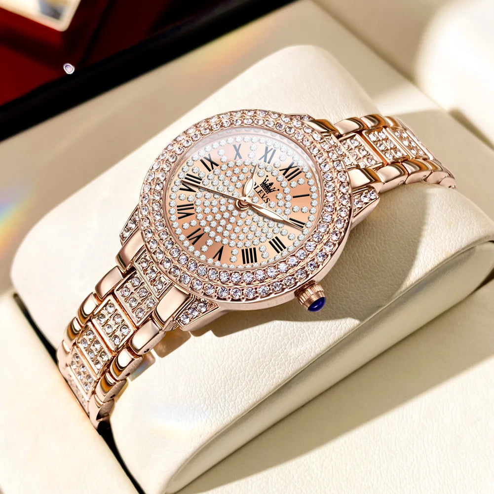 Striking OLEVS Roman Dial Watch — Sparkling Crystal Accents, Luminous Hands, Ladies Quartz Watch