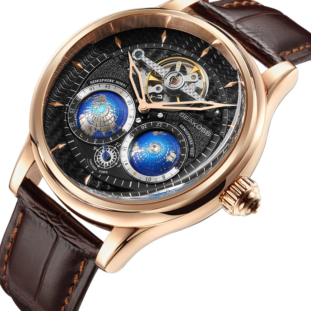 SEAKOSS Pilot Watch — Double Earth Rotating Automatic, Effortlessly Eye-Catching with Leather Strap [Colour Options]