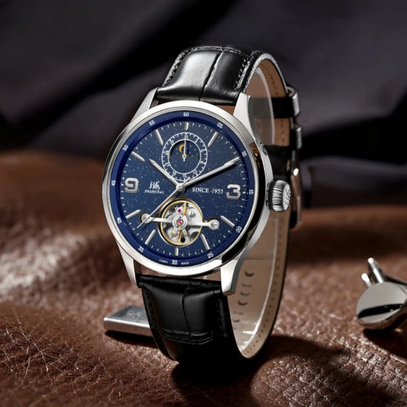 Shanghai S8950 — Starry Sky Open-Heart Automatic Watch, Day-Night Window, Seagull ST2571 Movement, Sapphire Crystal, 50M [Dial Options]