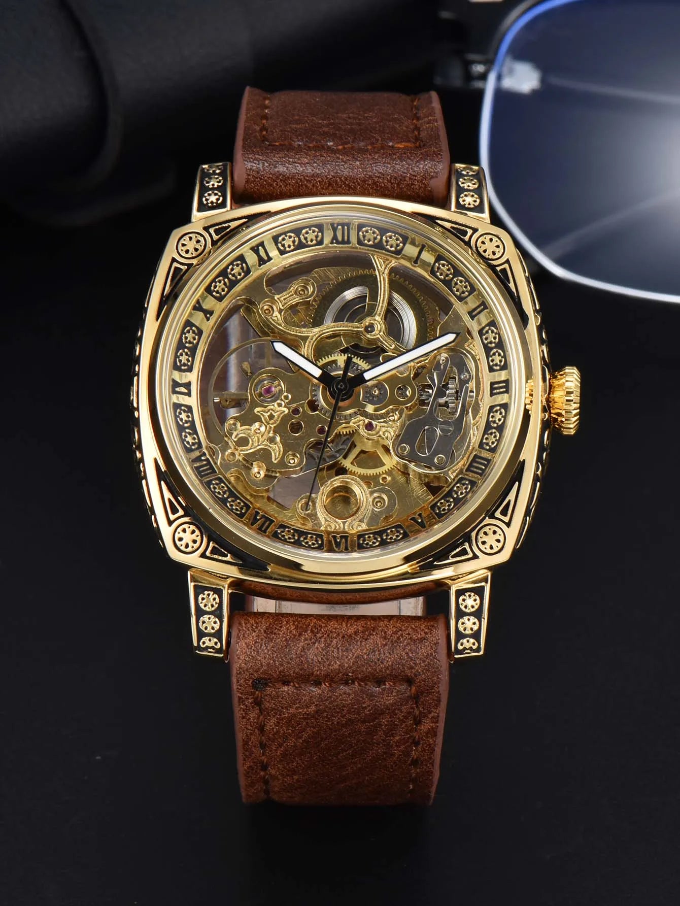 Skeleton Engraved Watch — Automatic Movement, Exhibition Case Back, Leather Strap  [Colour & Case Options]