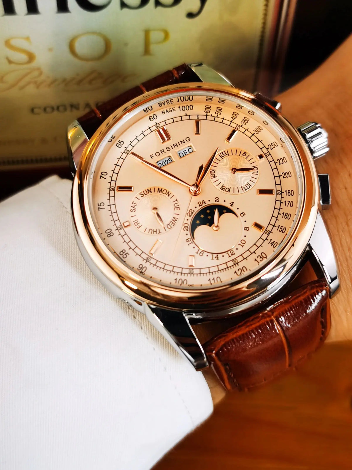 Forsining FS 177 — Retro Moon Phase Automatic Watch, Rose Gold Case, Brown Leather Strap, Self-Winding Movement